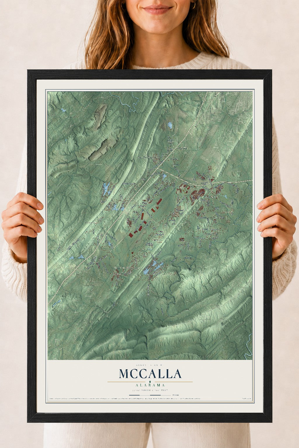 Map of McCalla, Alabama, 18 x 24 inch print in a black wood frame