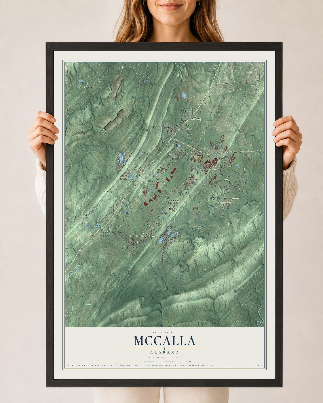 Map of McCalla, Alabama, 24 x 36 inch print in a black wood frame