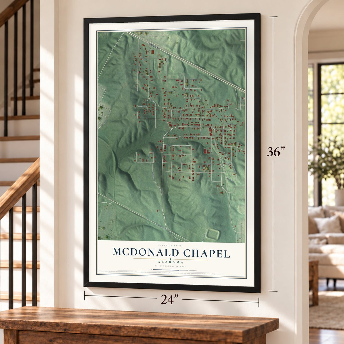 McDonald Chapel, Alabama map, 24 x 36 inch print in a black frame by a staircase