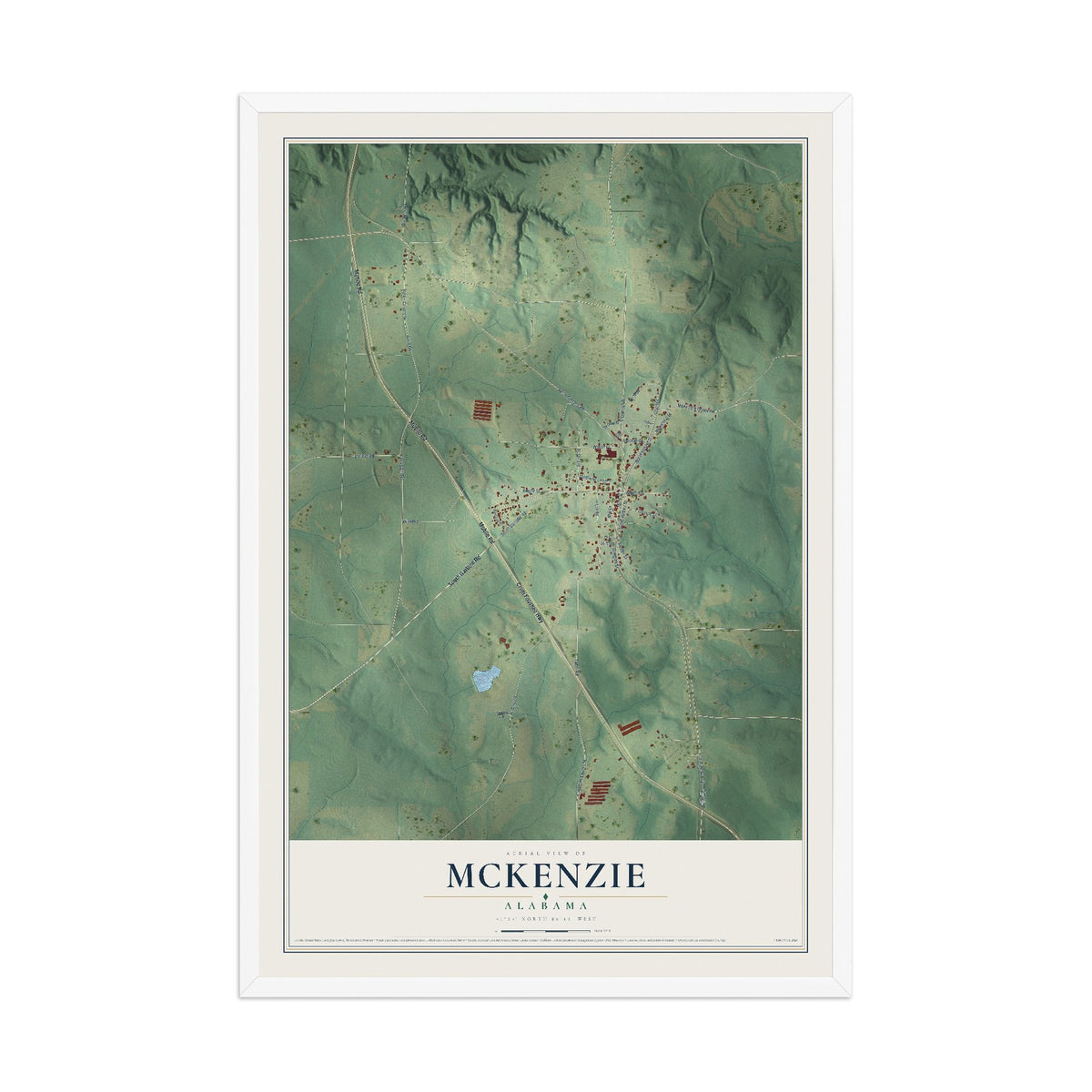 Map of McKenzie, Alabama, 12 x 18 inch print in a white wood frame