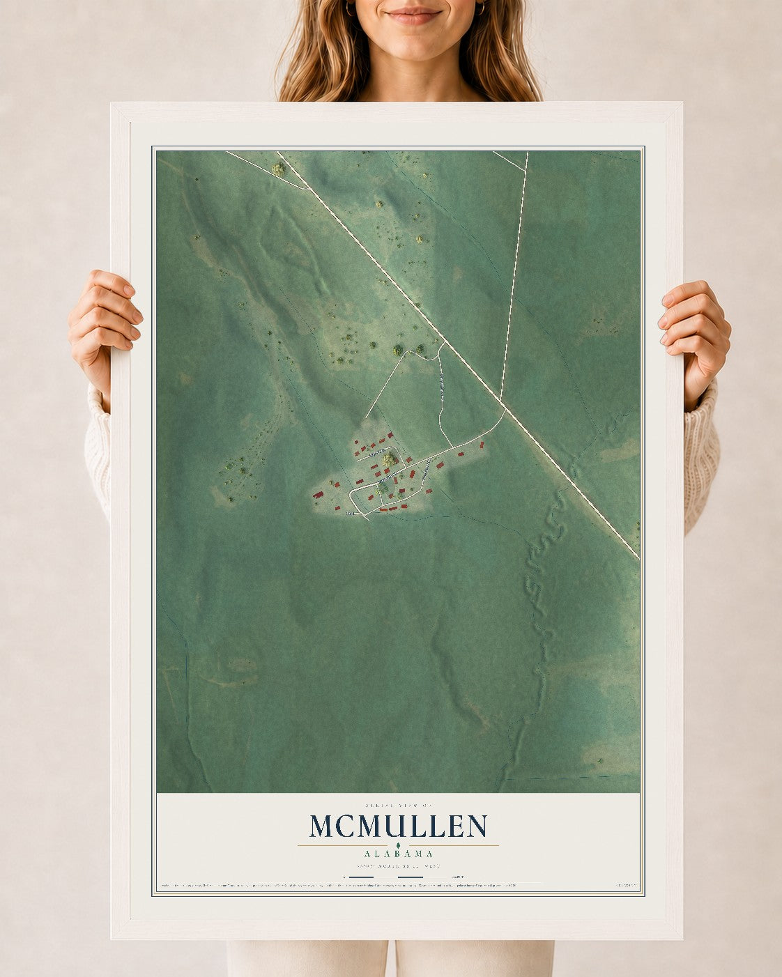 Map of McMullen, Alabama, 24 x 36 inch print in a white wood frame