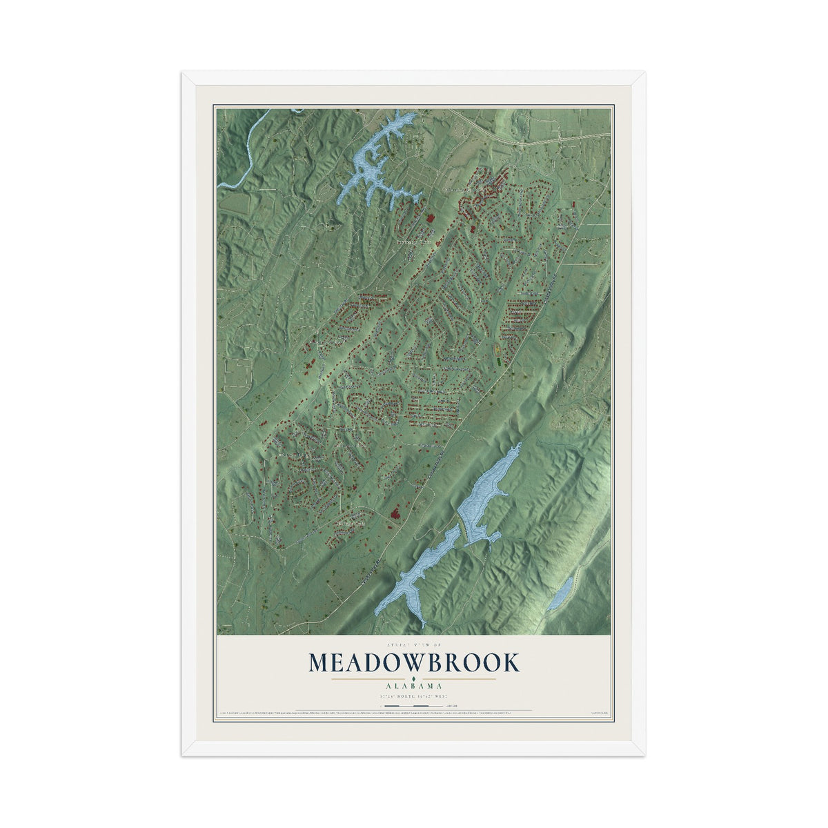 Map of Meadowbrook, Alabama, 12 x 18 inch print in a white wood frame
