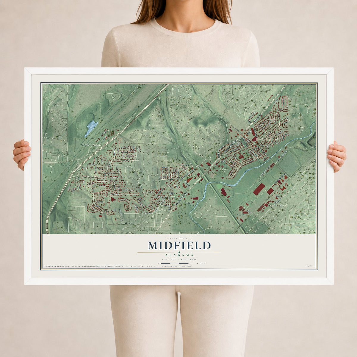 Map of Midfield, Alabama, 24 x 36 inch print in a white wood frame