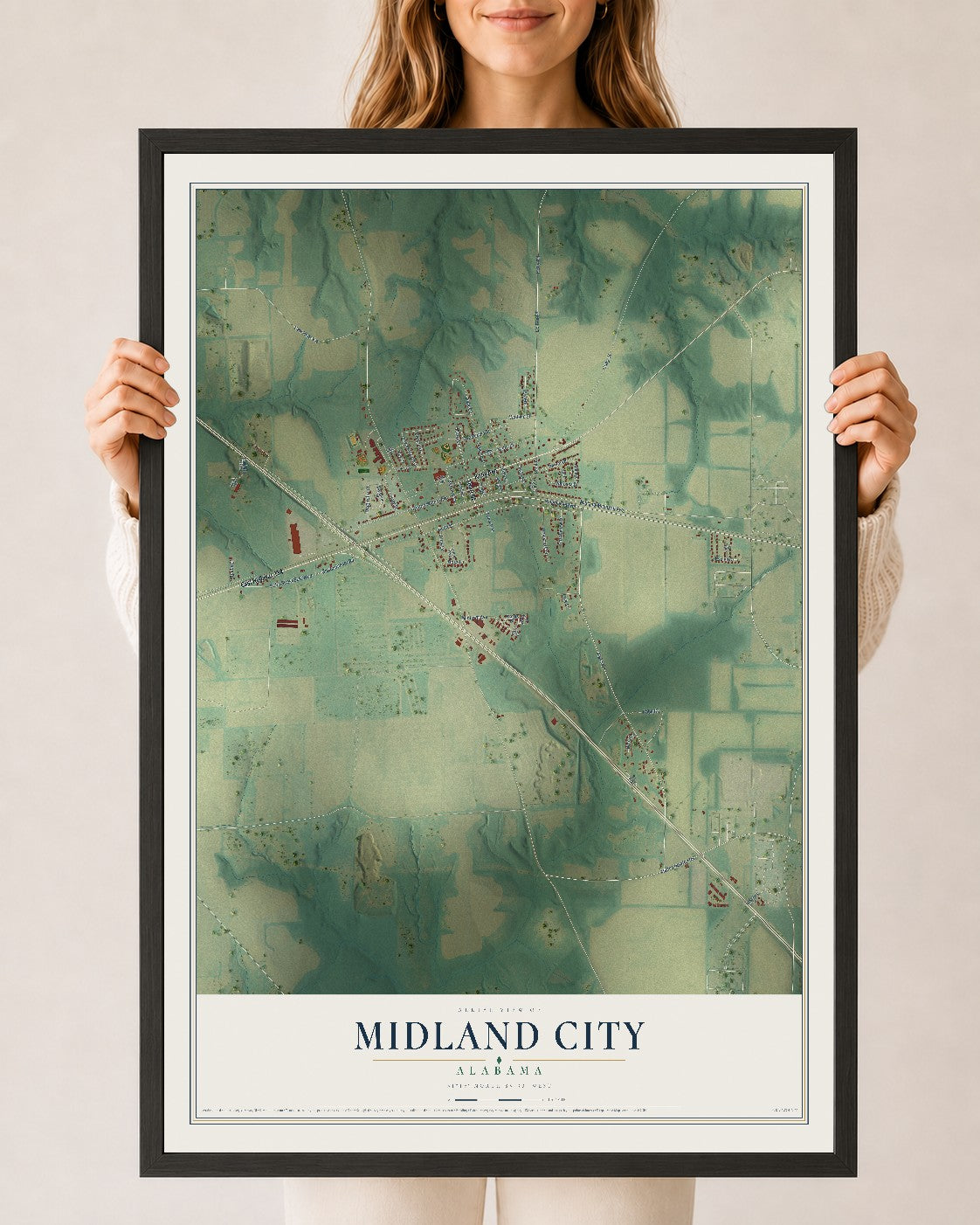 Map of Midland City, Alabama, 24 x 36 inch print in a black wood frame