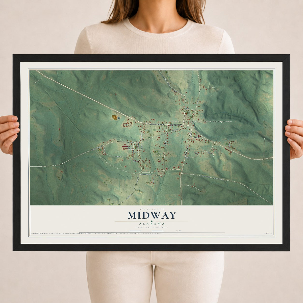 Map of Midway, Alabama, 18 x 24 inch print in a black wood frame