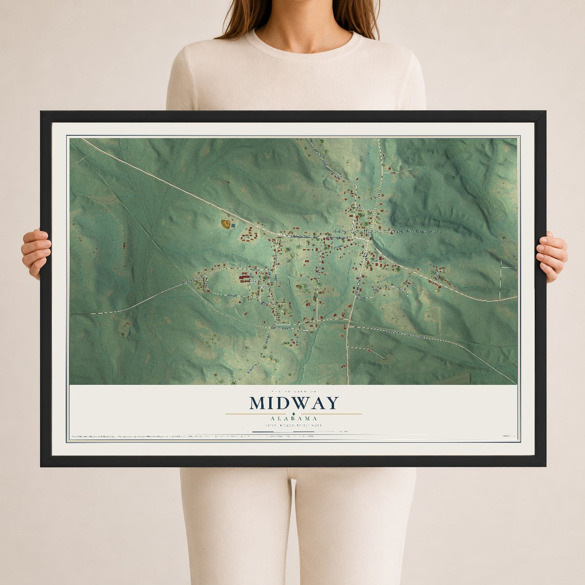 Map of Midway, Alabama, 24 x 36 inch print in a black wood frame