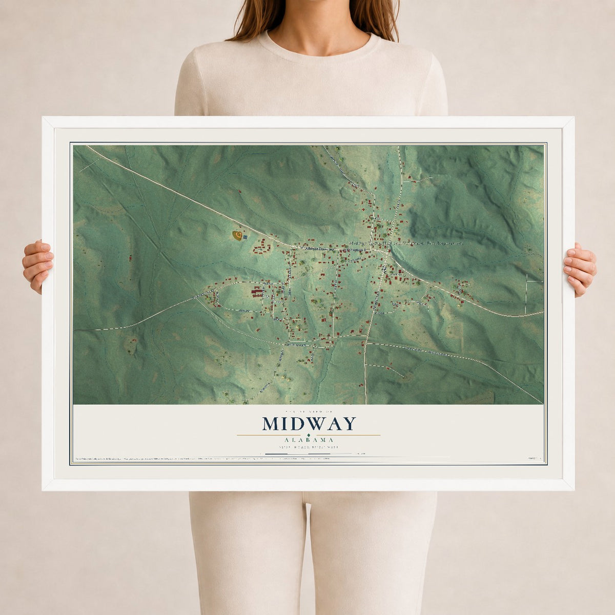 Map of Midway, Alabama, 24 x 36 inch print in a white wood frame