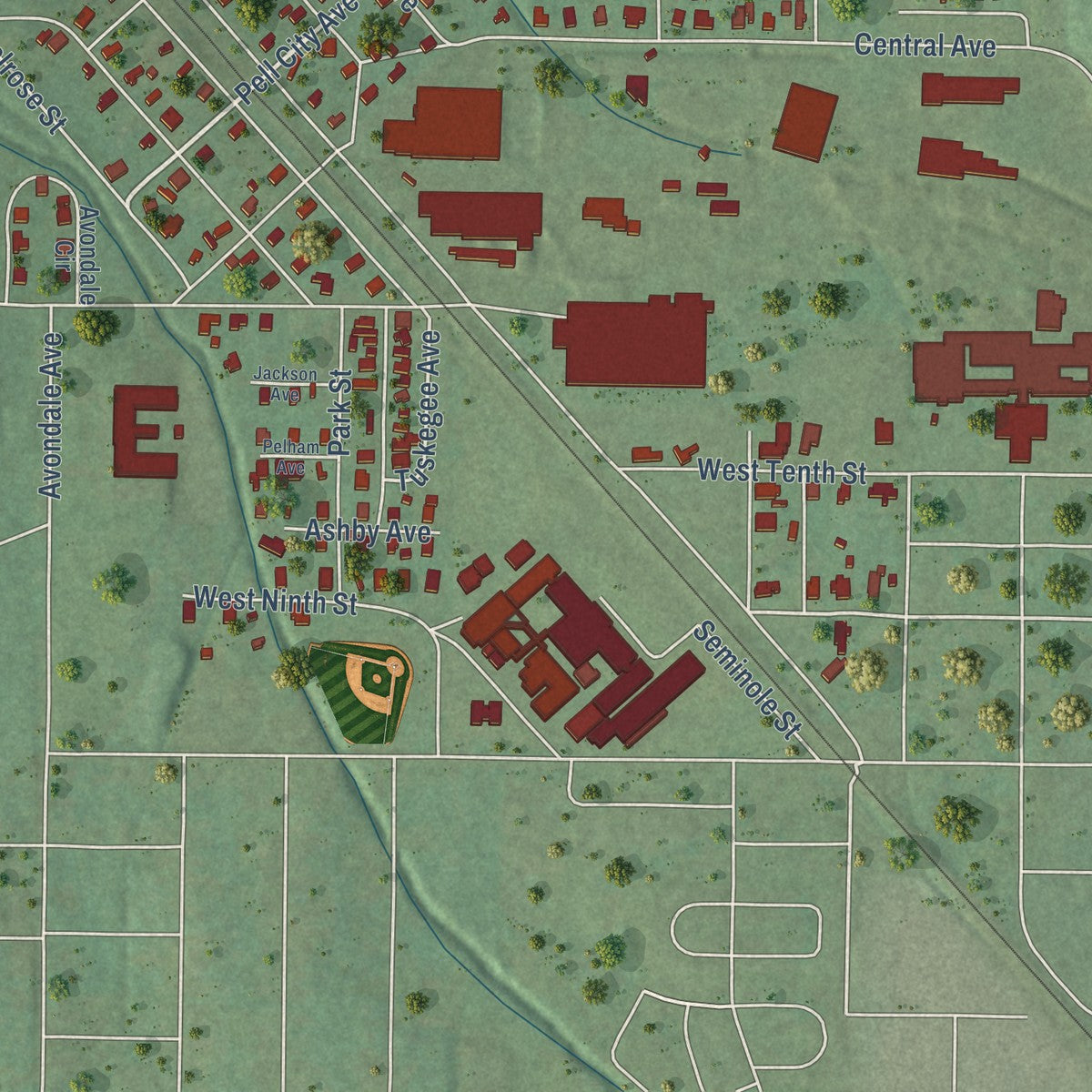 Close-up of the map of Mignon, Alabama print showing street and building detail