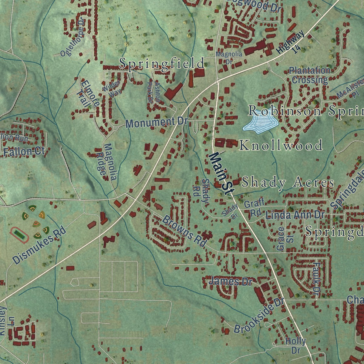 Close-up of the map of Millbrook, Alabama print showing street and building detail