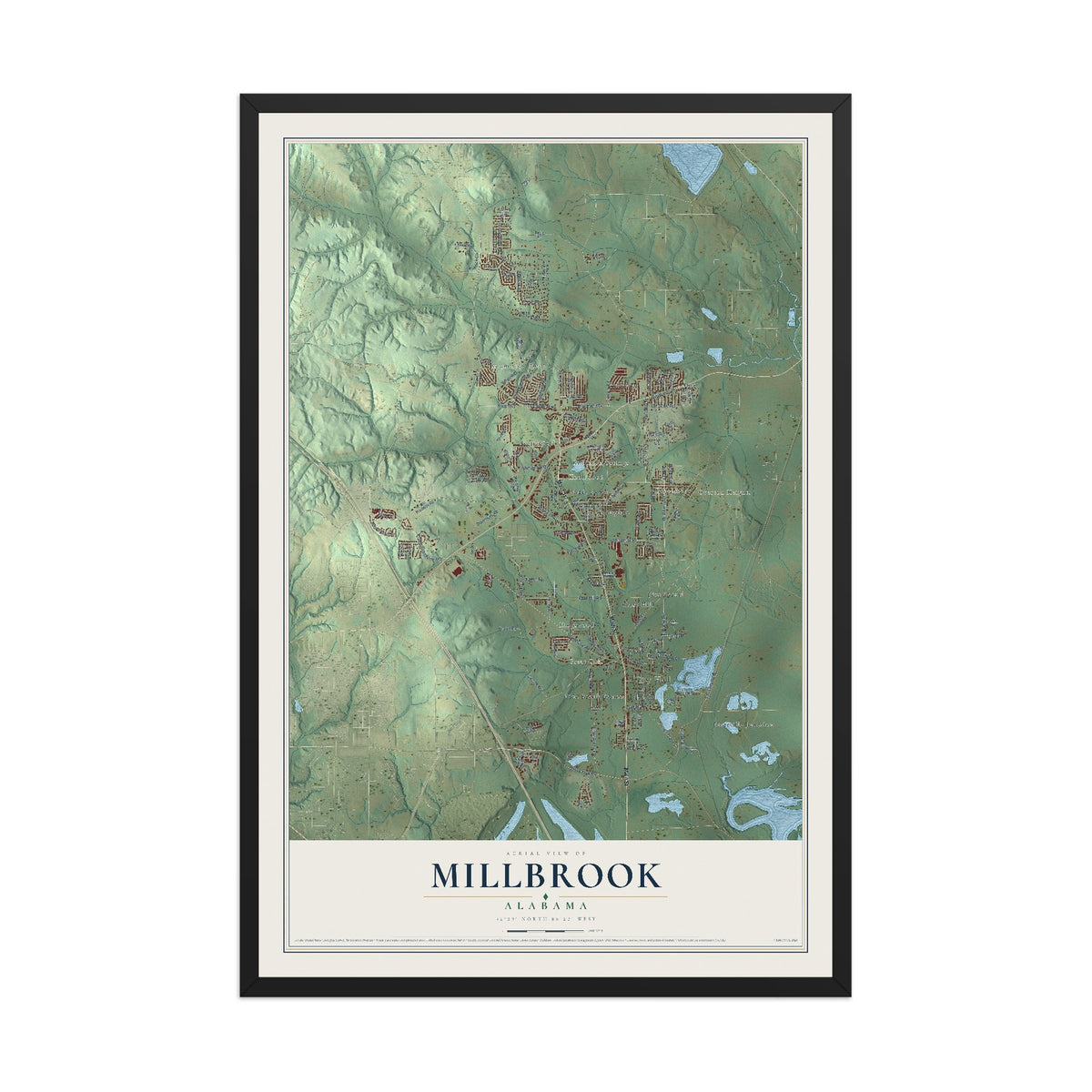Map of Millbrook, Alabama, 12 x 18 inch print in a black wood frame