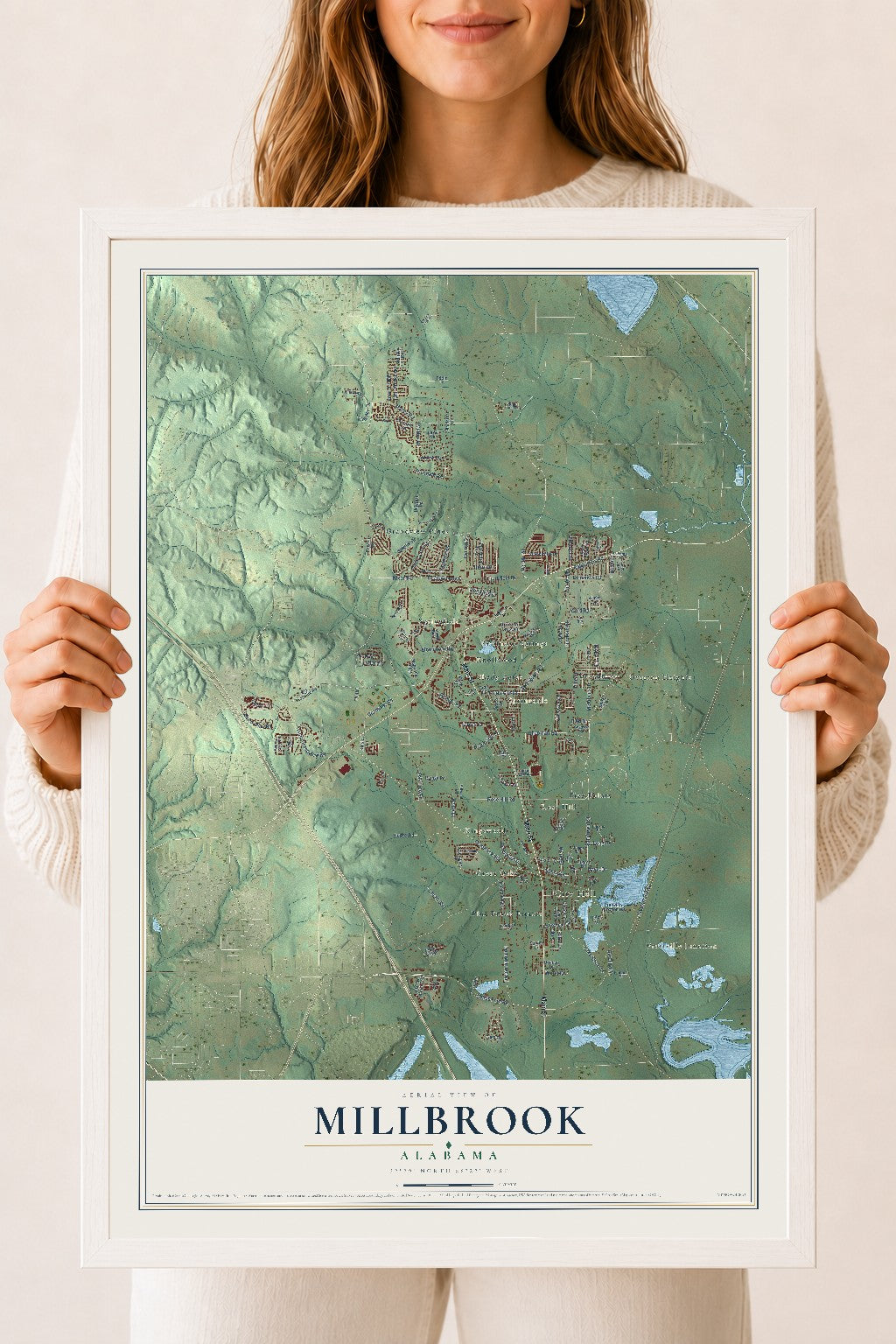 Map of Millbrook, Alabama, 18 x 24 inch print in a white wood frame