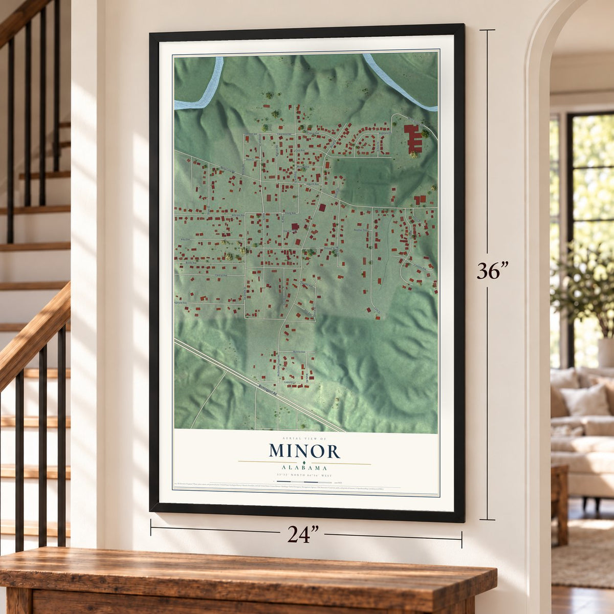 Minor, Alabama map, 24 x 36 inch print in a black frame by a staircase