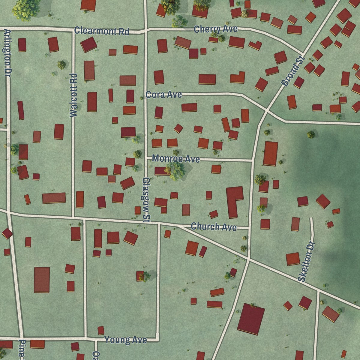Close-up of the map of Minor, Alabama print showing street and building detail