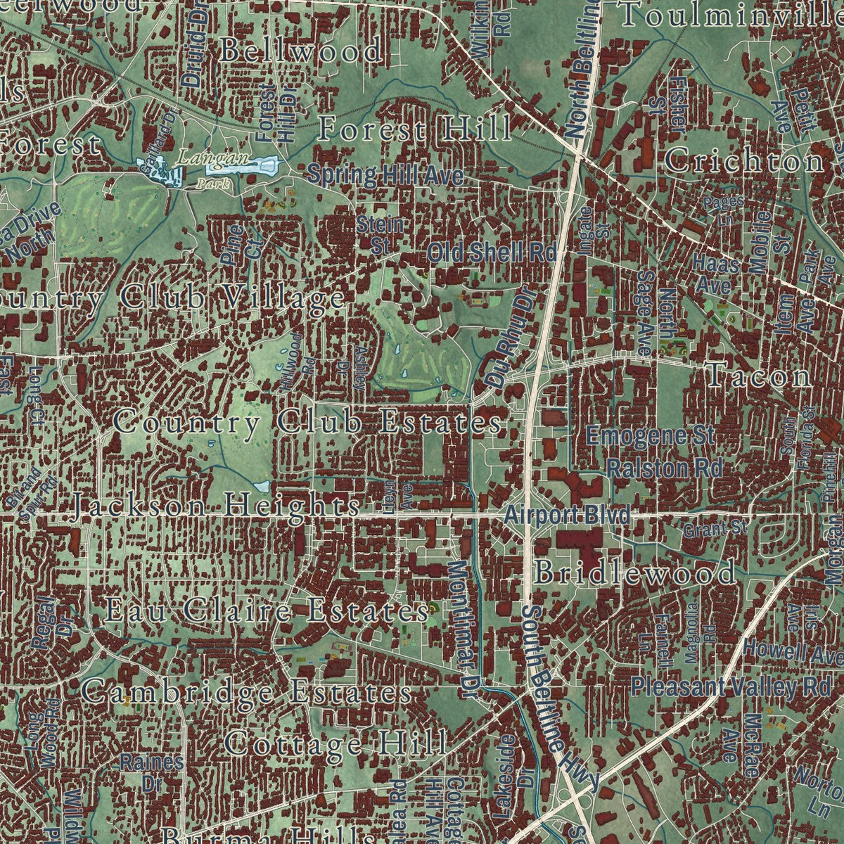 Close-up of the map of Mobile, Alabama print showing street and building detail