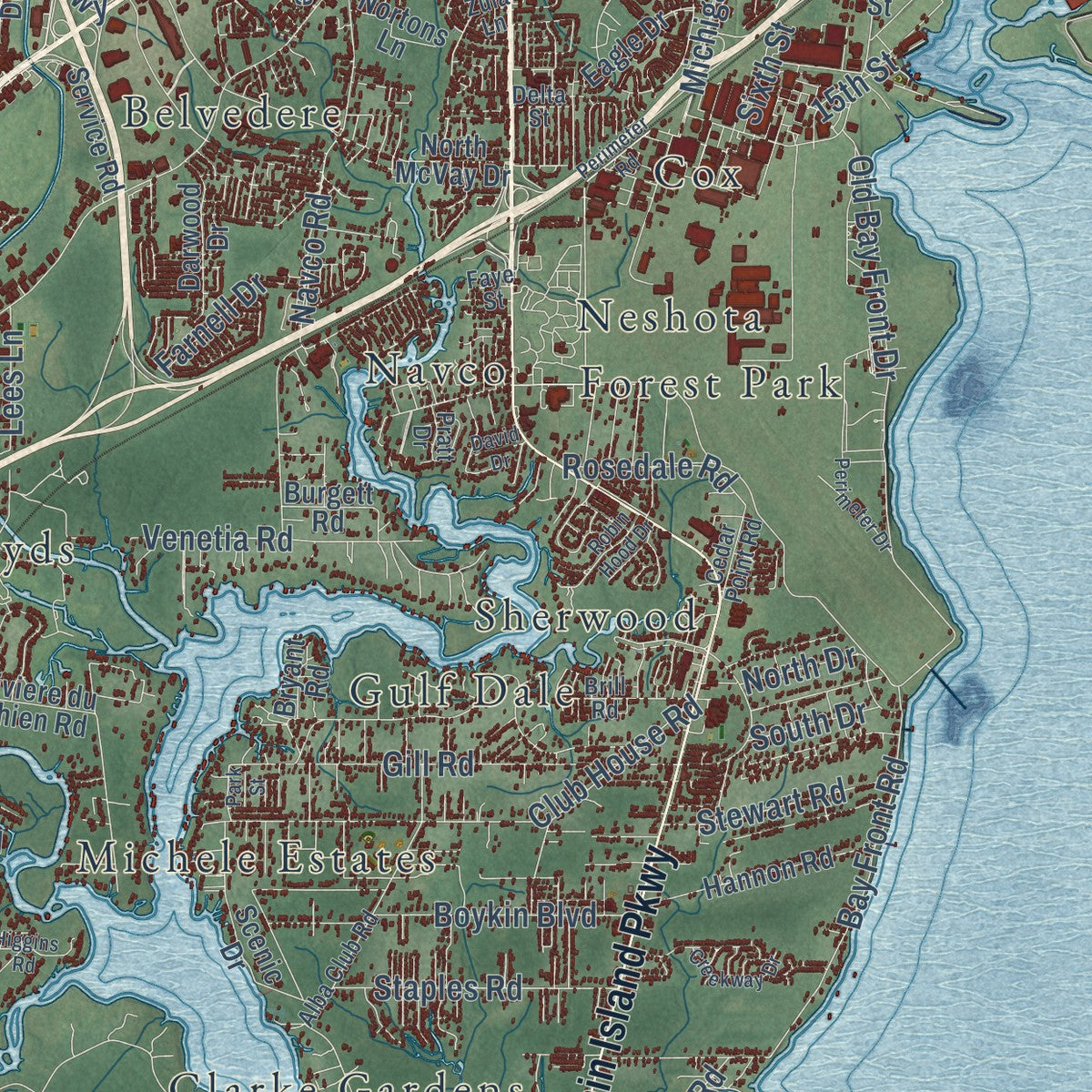 Second close-up of the map of Mobile, Alabama print showing more streets and buildings