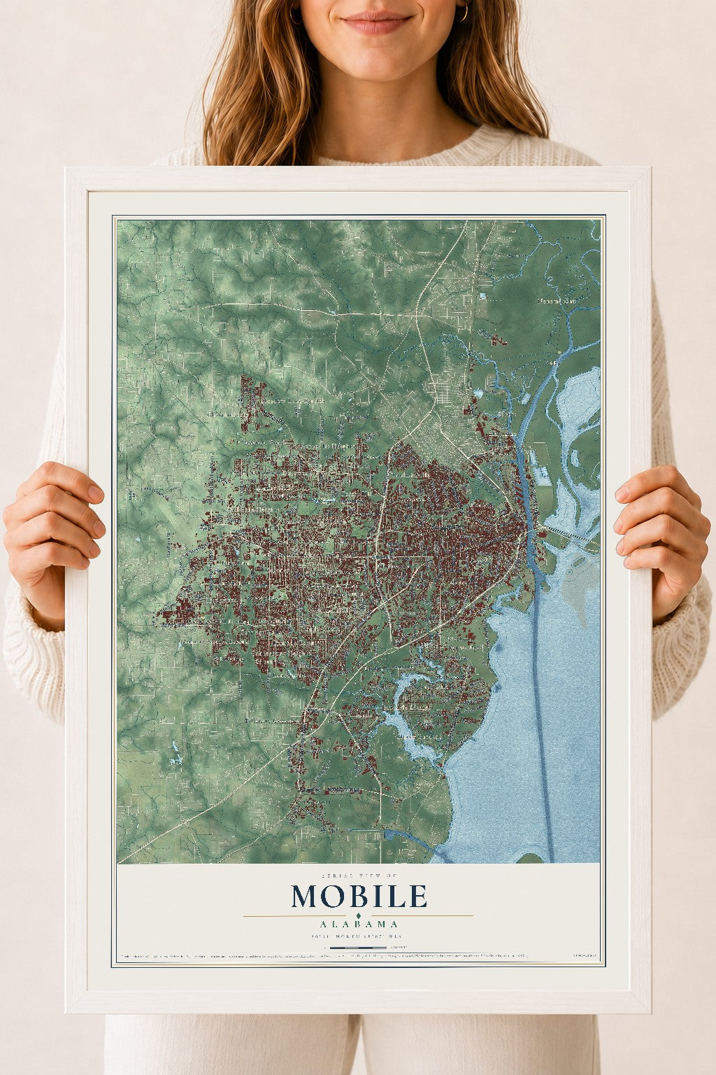 Map of Mobile, Alabama, 18 x 24 inch print in a white wood frame