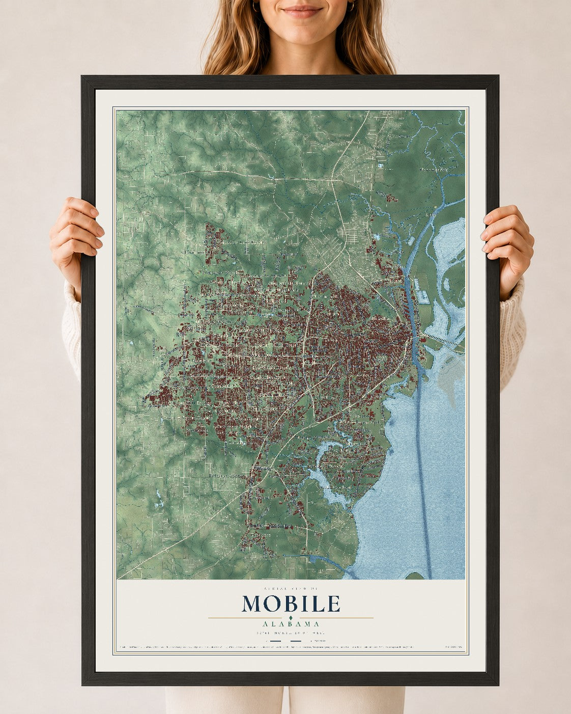 Map of Mobile, Alabama, 24 x 36 inch print in a black wood frame