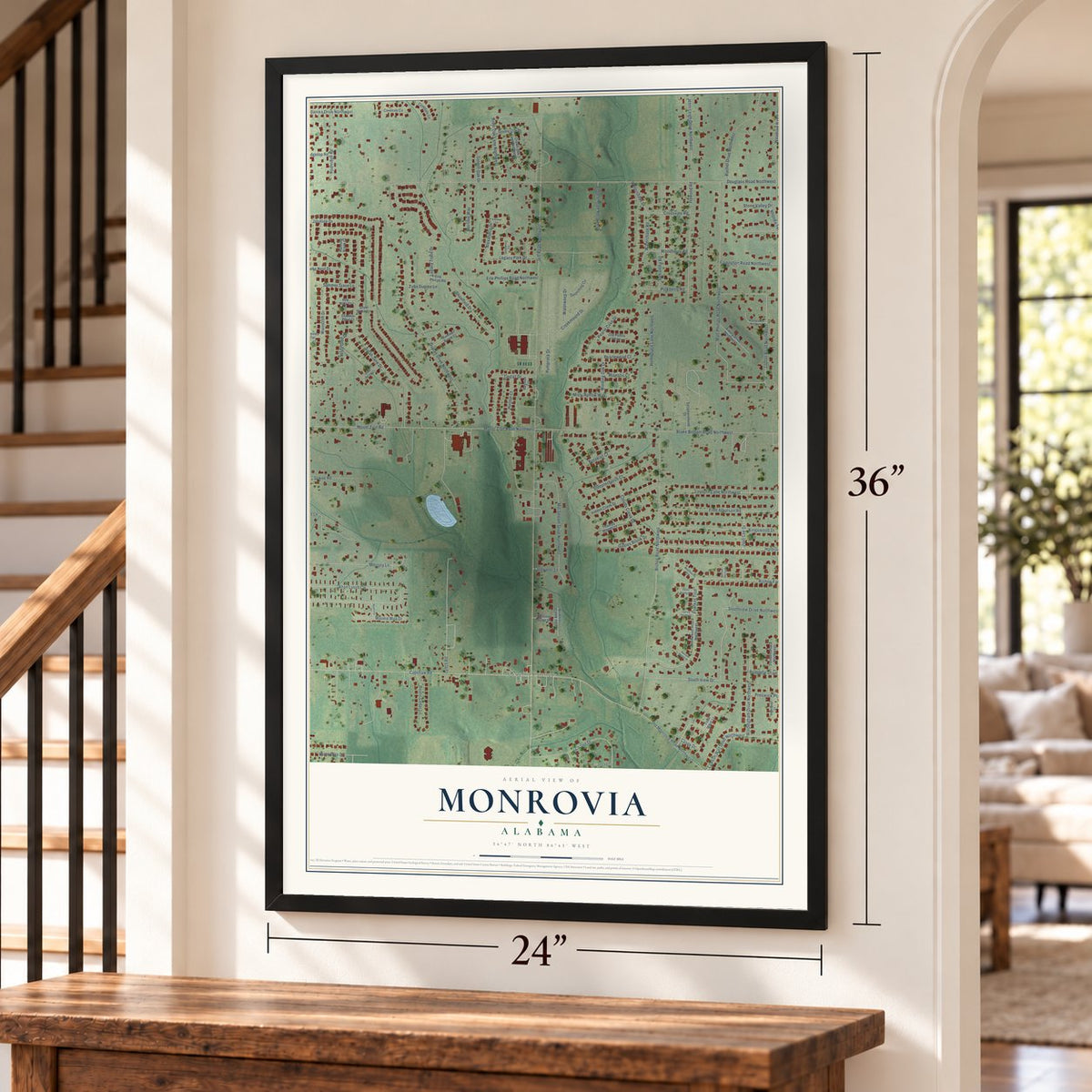 Monrovia, Alabama map, 24 x 36 inch print in a black frame by a staircase
