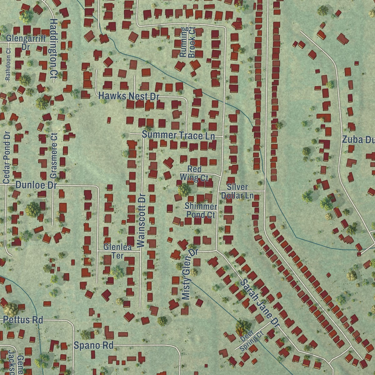 Close-up of the map of Monrovia, Alabama print showing street and building detail