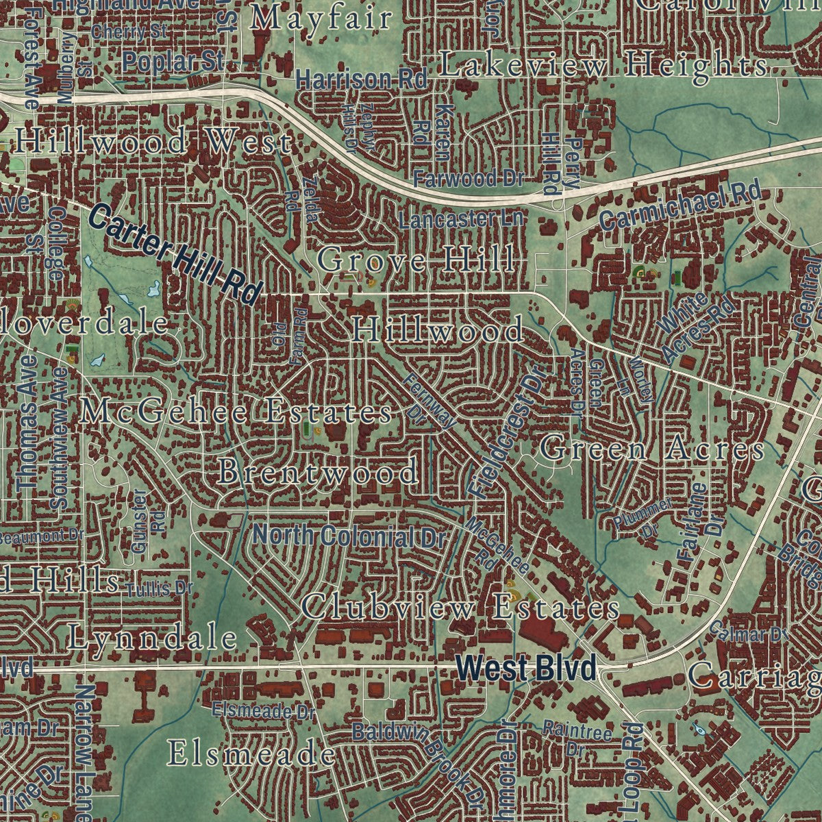 Close-up of the map of Montgomery, Alabama print showing street and building detail
