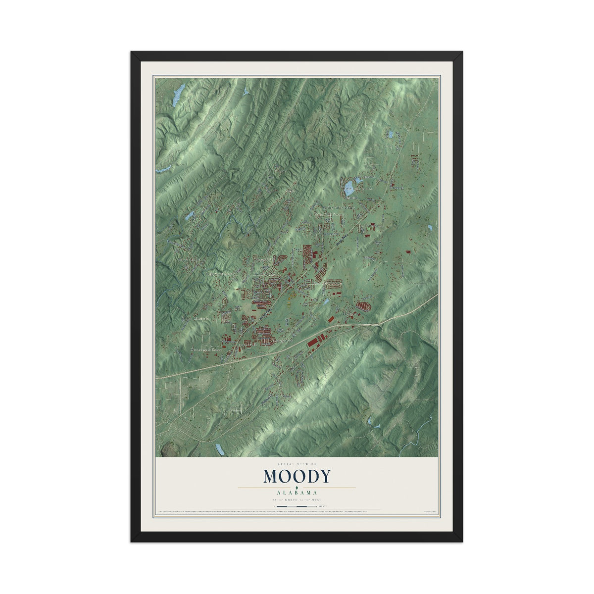 Map of Moody, Alabama, 12 x 18 inch print in a black wood frame