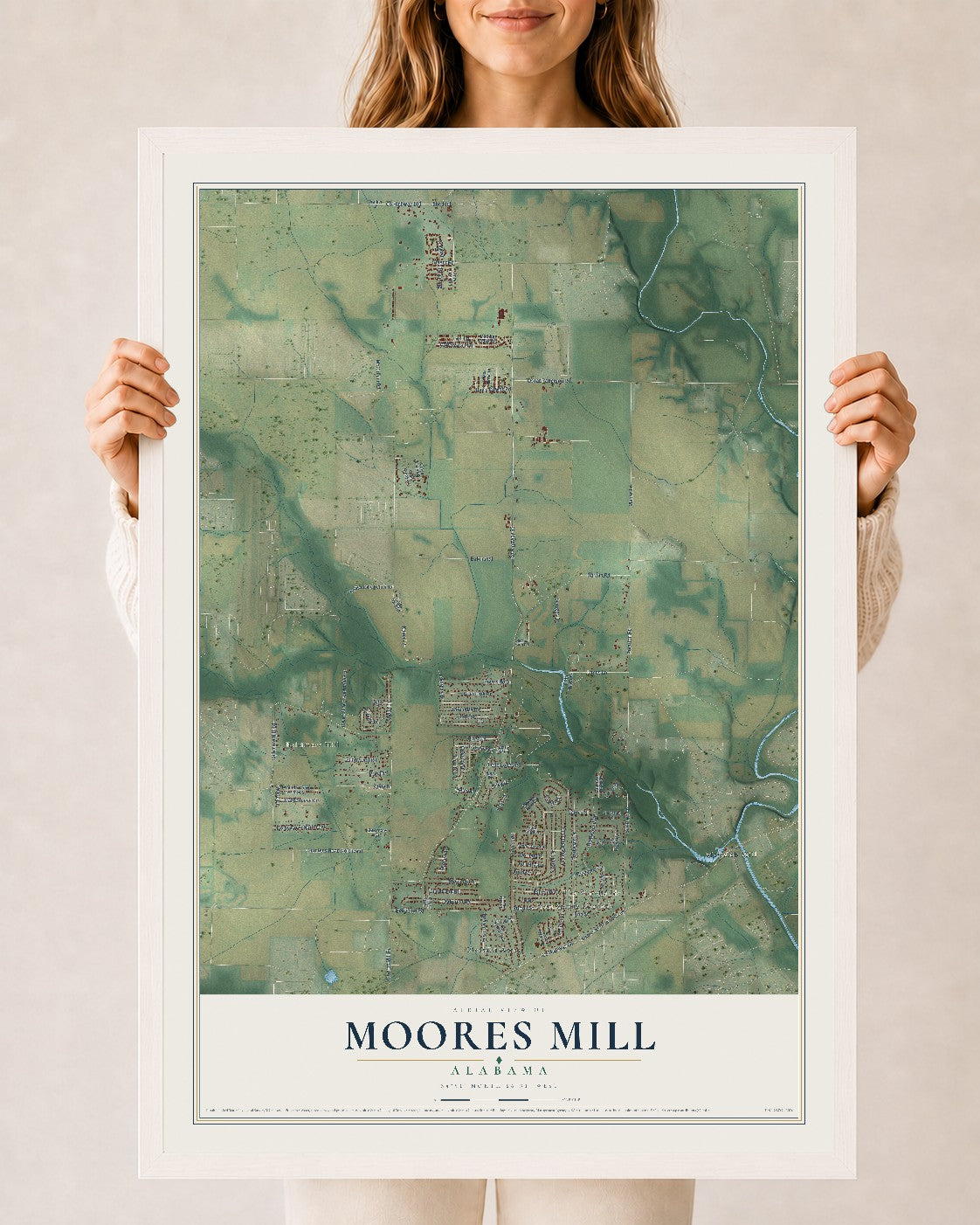 Map of Moores Mill, Alabama, 24 x 36 inch print in a white wood frame