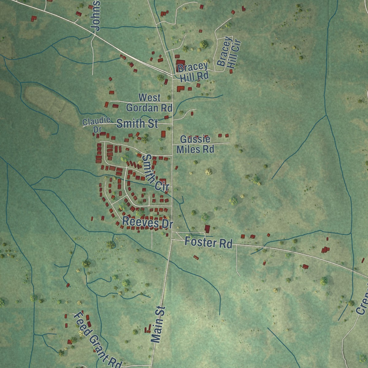 Close-up of the map of Mosses, Alabama print showing street and building detail