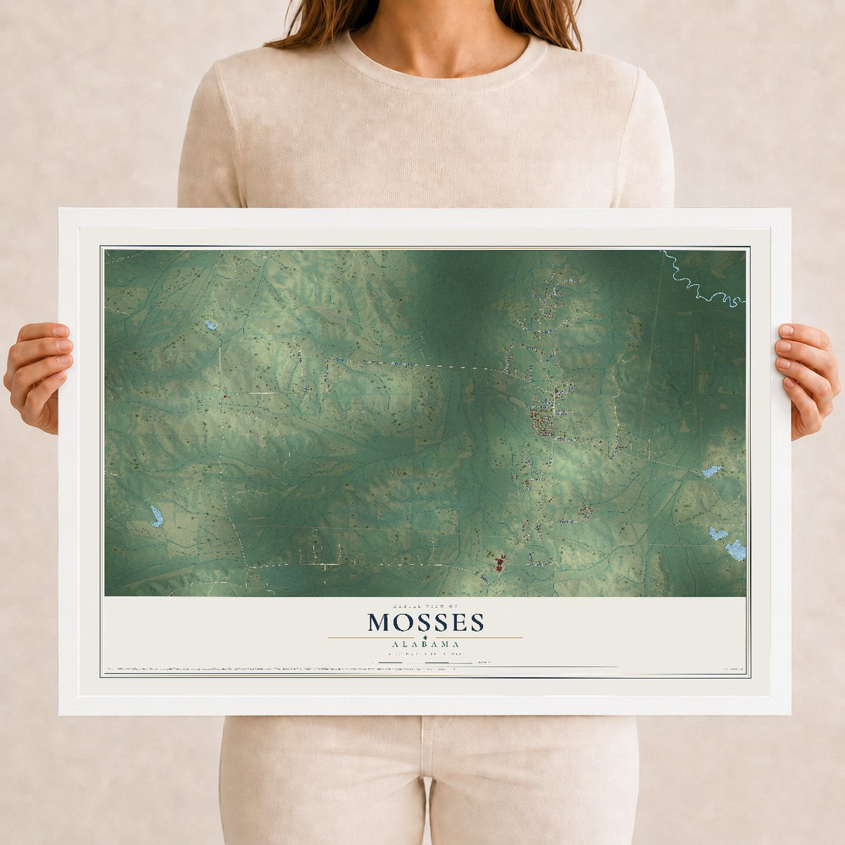 Map of Mosses, Alabama, 12 x 18 inch print in a white wood frame