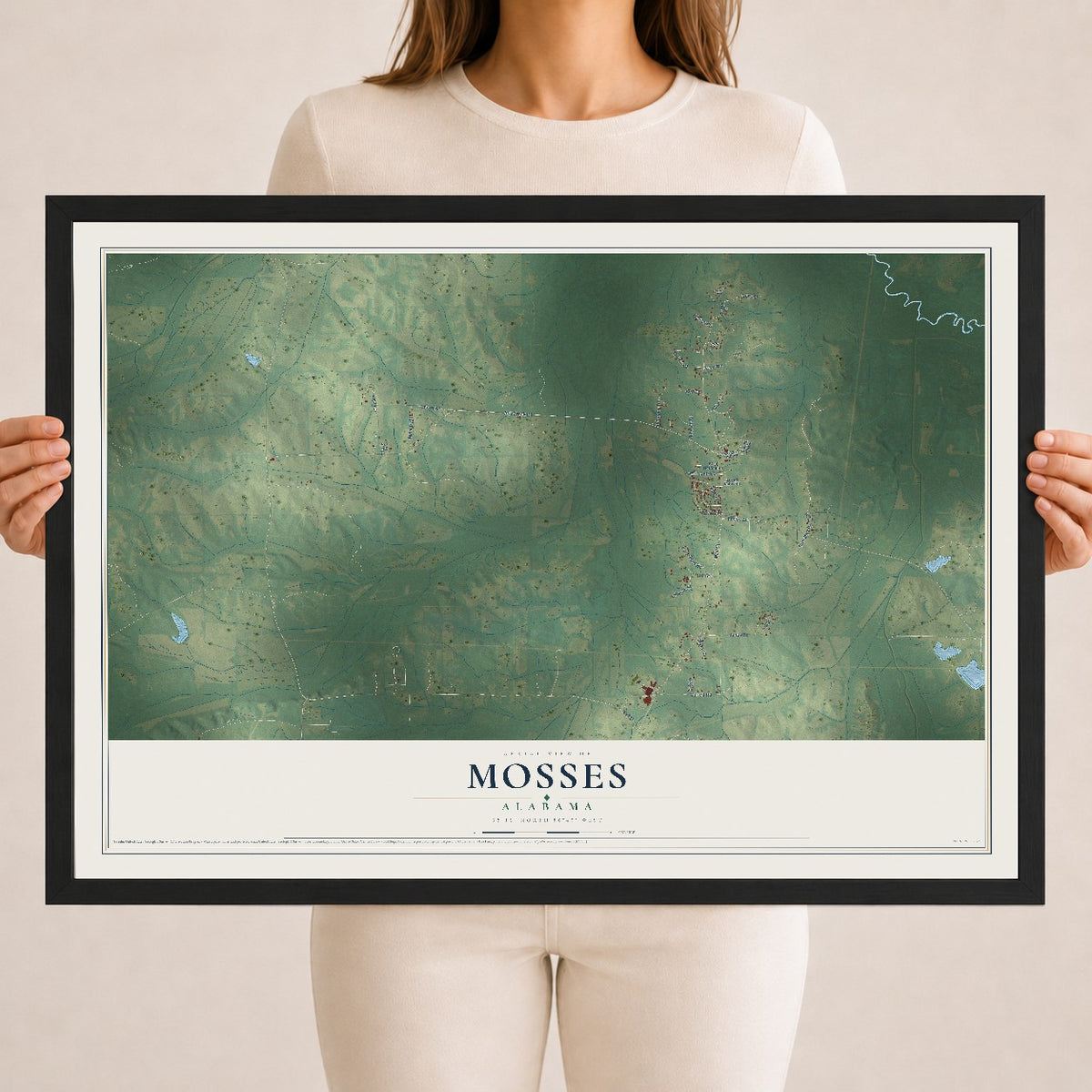 Map of Mosses, Alabama, 18 x 24 inch print in a black wood frame
