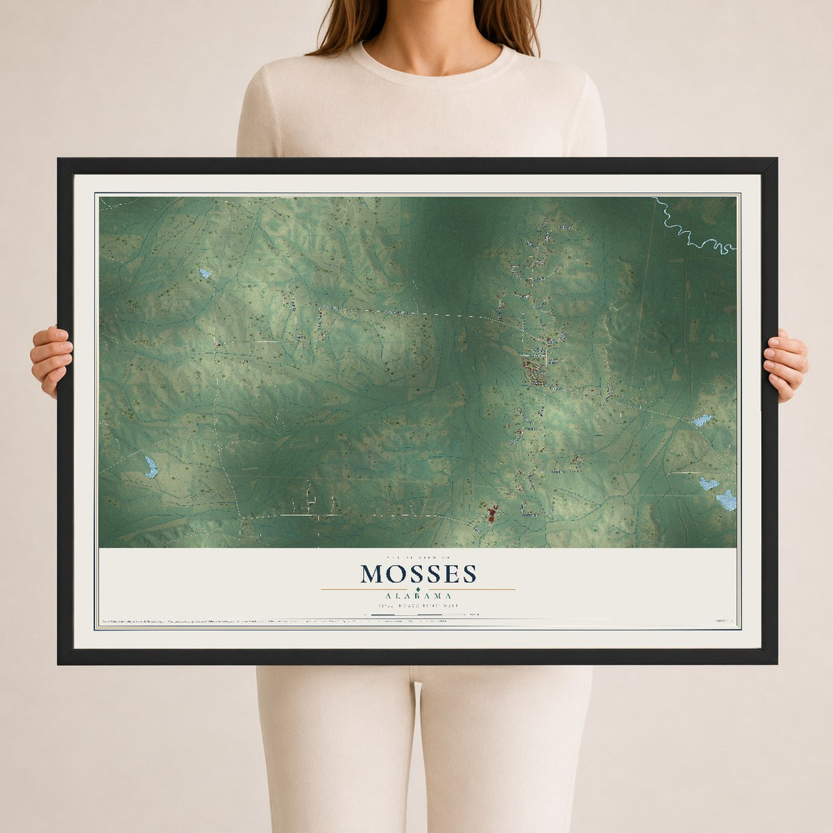 Map of Mosses, Alabama, 24 x 36 inch print in a black wood frame