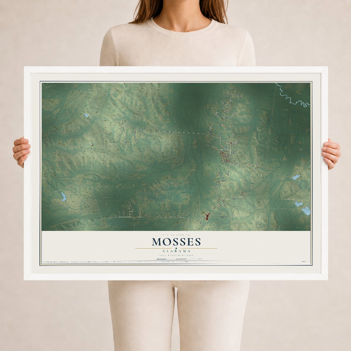 Map of Mosses, Alabama, 24 x 36 inch print in a white wood frame