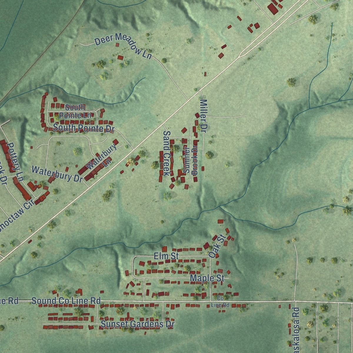 Second close-up of the map of Moundville, Alabama print showing more streets and buildings