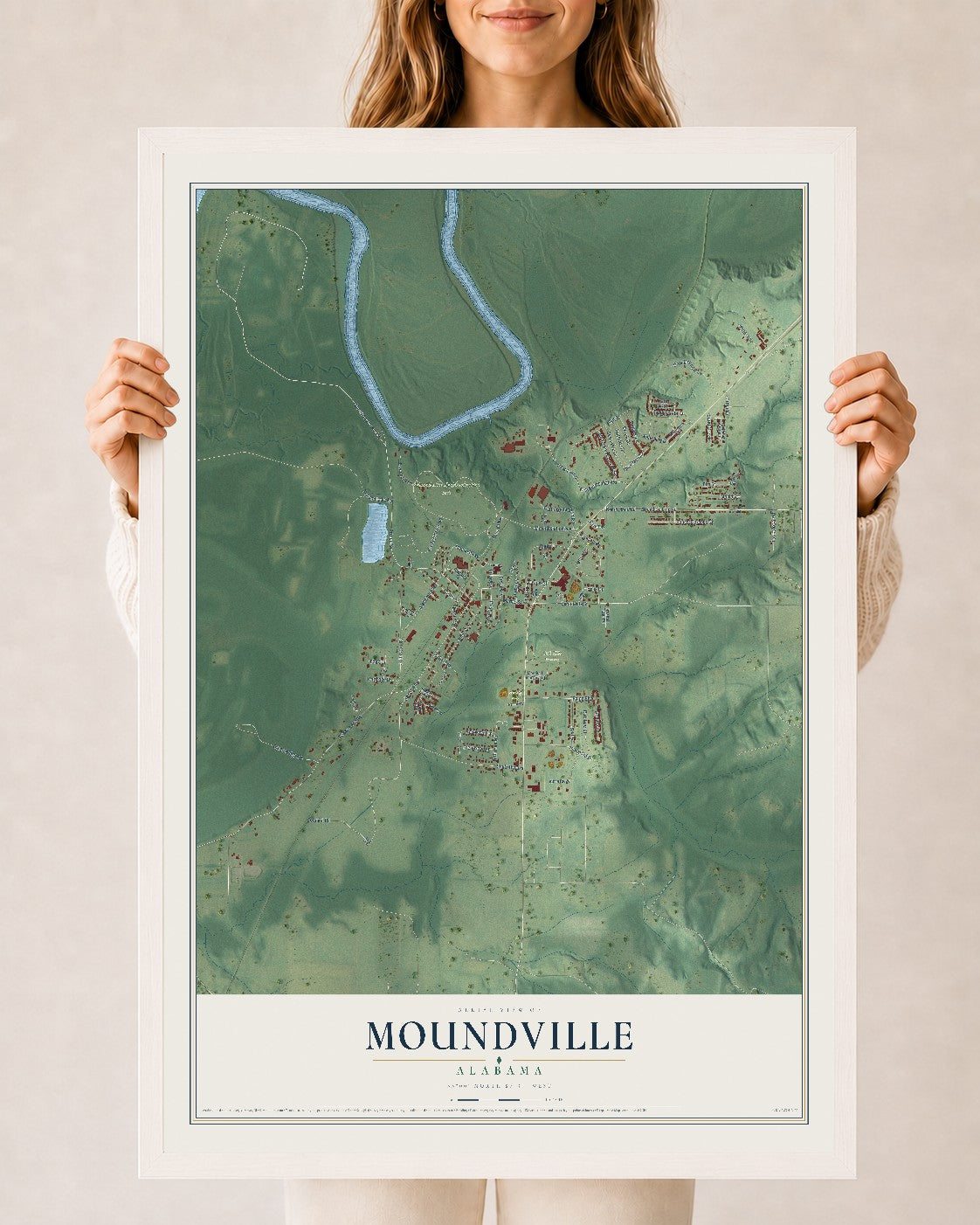 Map of Moundville, Alabama, 24 x 36 inch print in a white wood frame