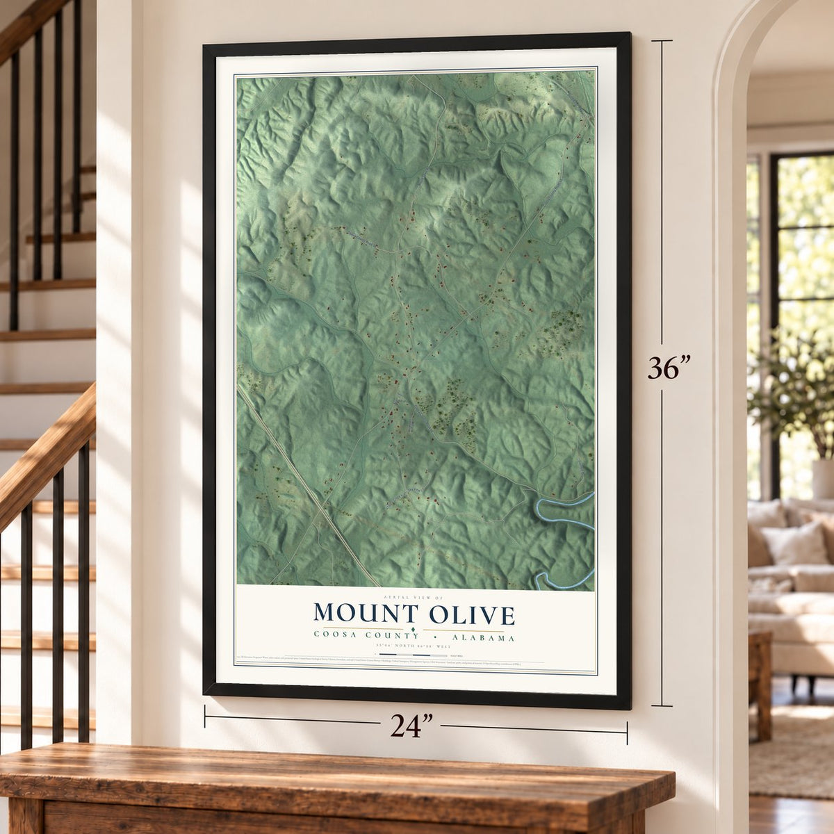 Mount Olive, Alabama map, 24 x 36 inch print in a black frame by a staircase