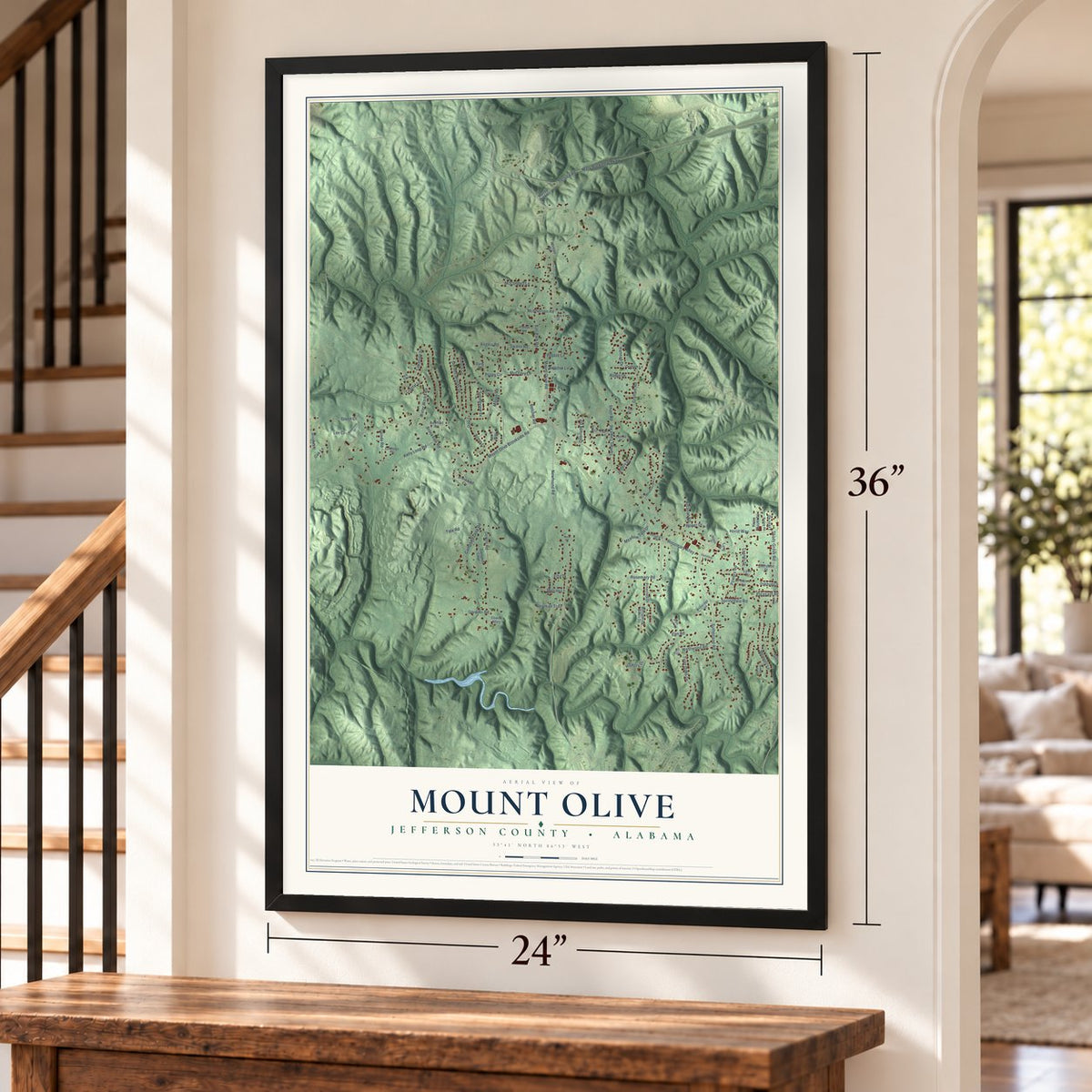 Mount Olive, Jefferson County, Alabama map, 24 x 36 inch print in a black frame by a staircase