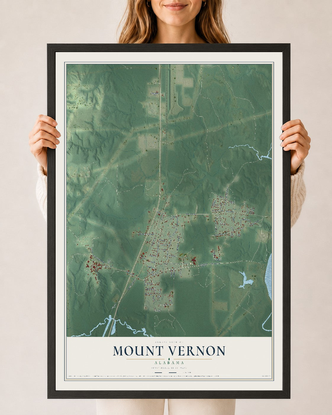Map of Mount Vernon, Alabama, 24 x 36 inch print in a black wood frame