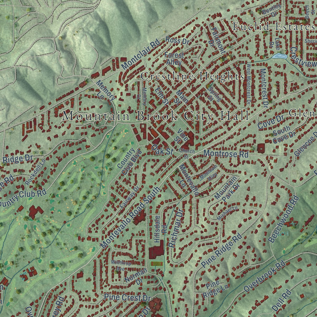 Close-up of the map of Mountain Brook, Alabama print showing street and building detail