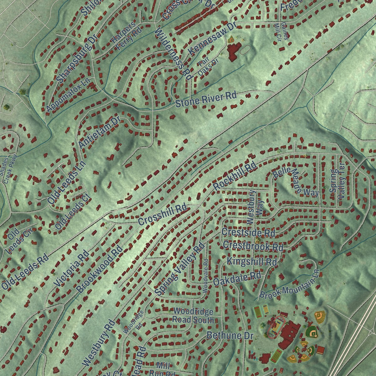 Second close-up of the map of Mountain Brook, Alabama print showing more streets and buildings