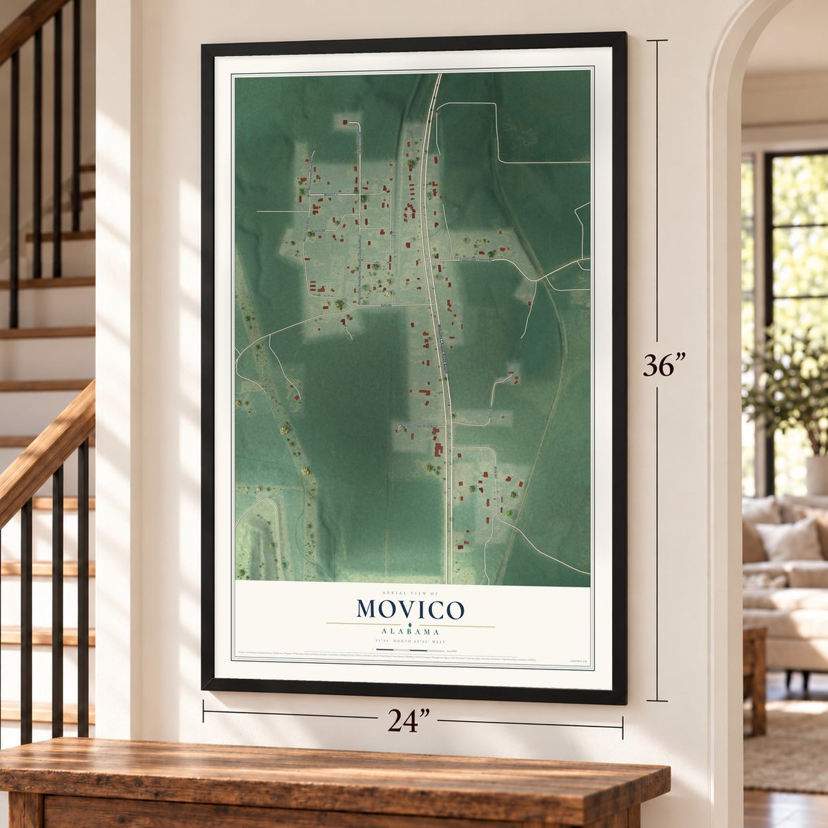 Movico, Alabama map, 24 x 36 inch print in a black frame by a staircase