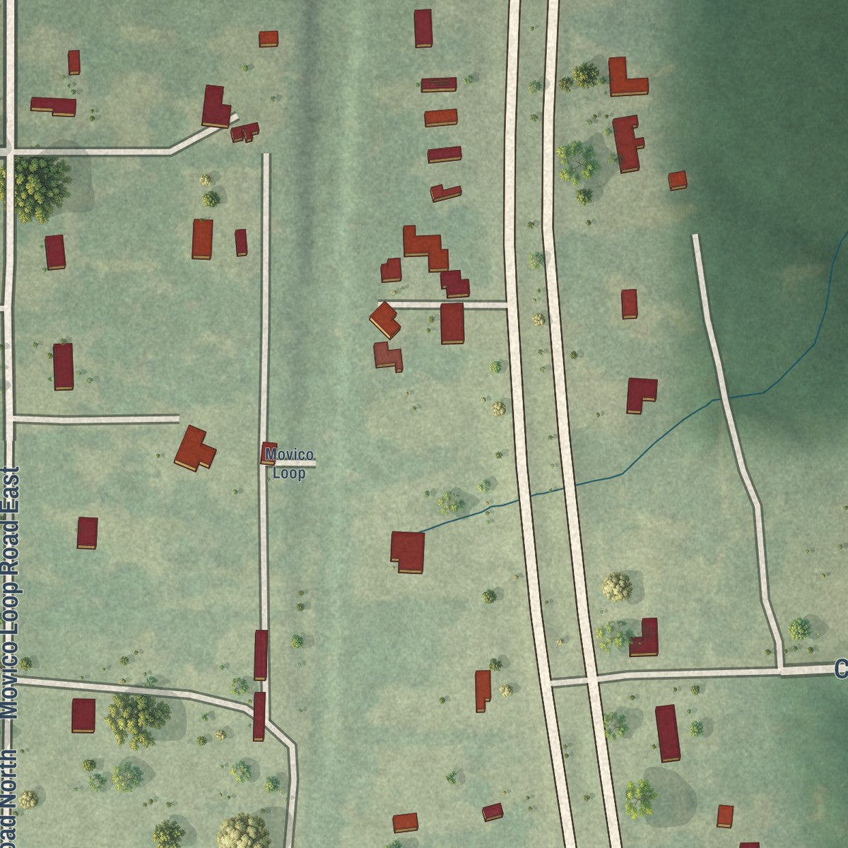 Close-up of the map of Movico, Alabama print showing street and building detail
