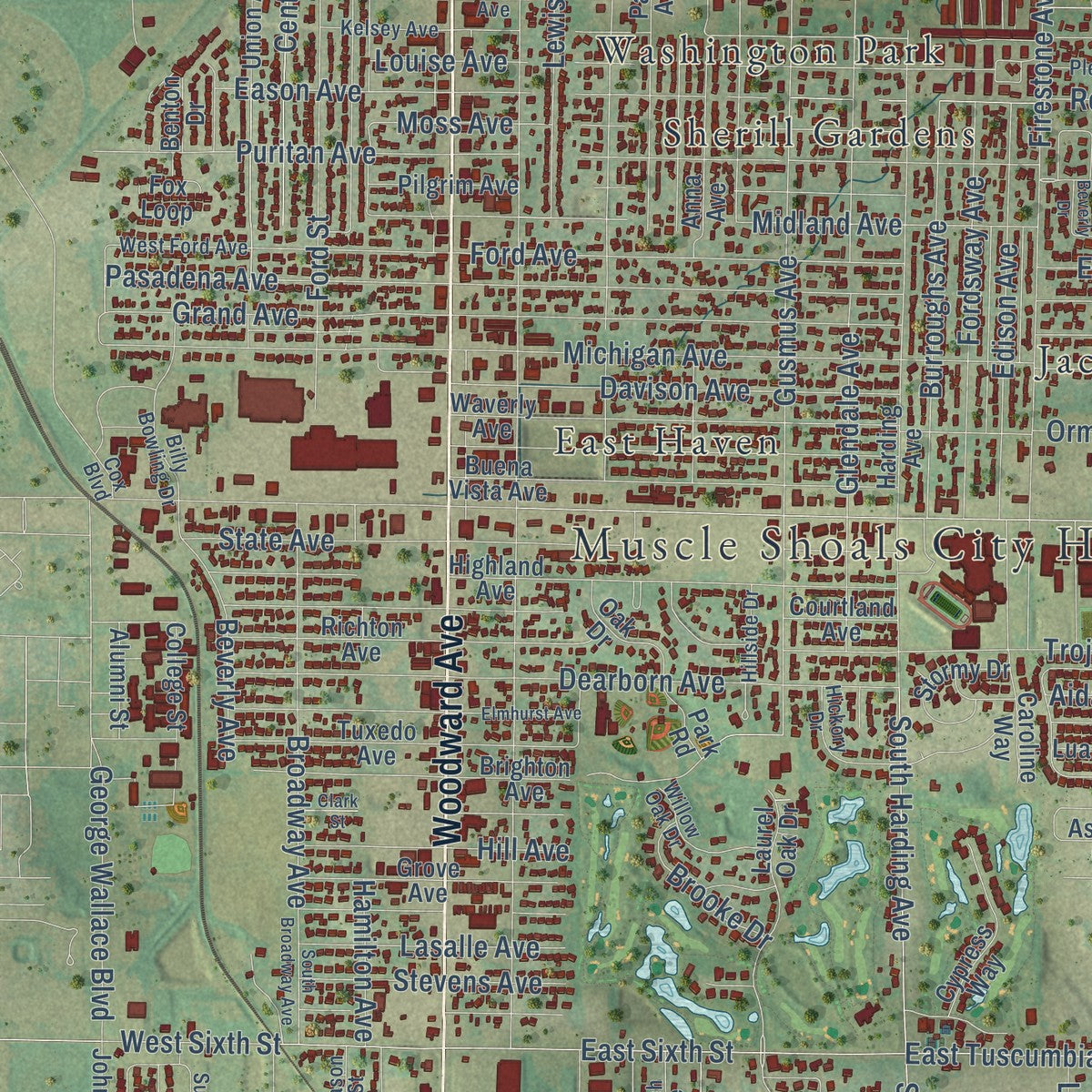 Close-up of the map of Muscle Shoals, Alabama print showing street and building detail