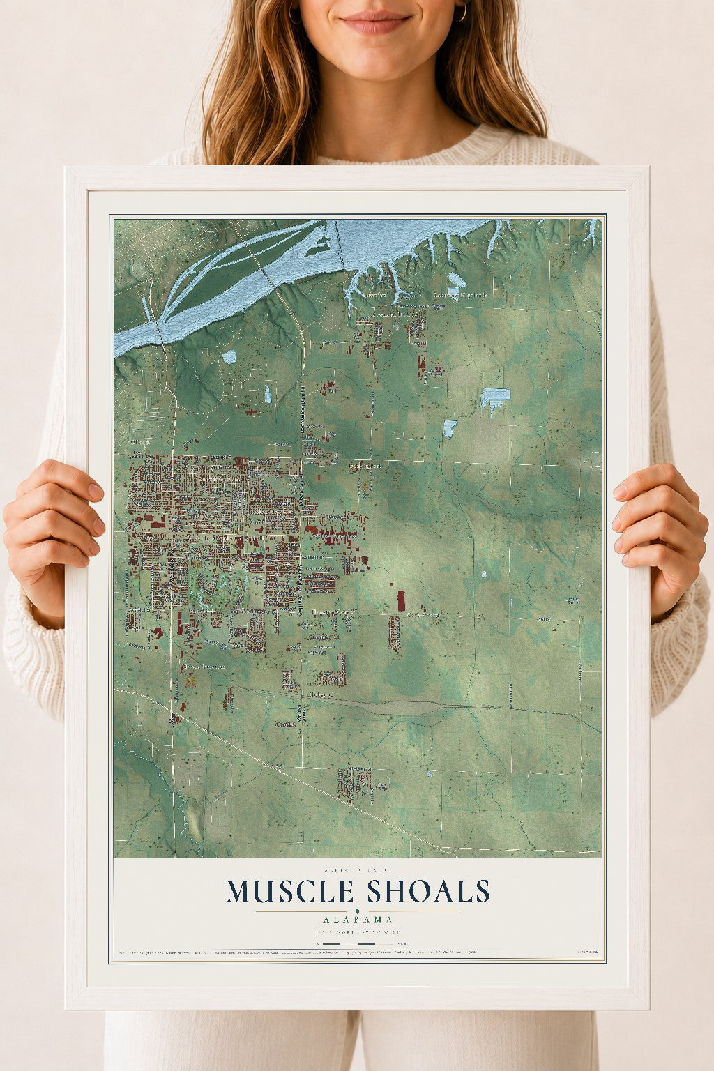 Map of Muscle Shoals, Alabama, 18 x 24 inch print in a white wood frame