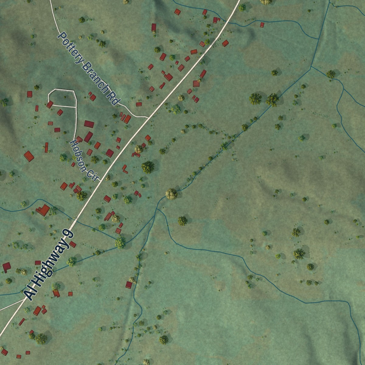 Close-up of the map of Nances Creek, Alabama print showing street and building detail