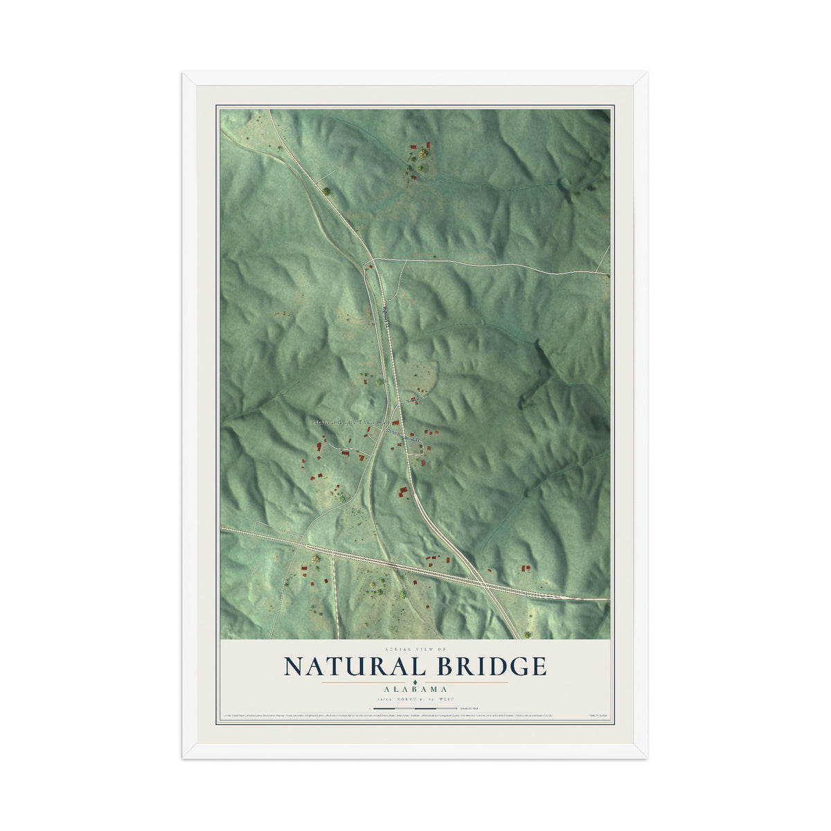 Map of Natural Bridge, Alabama, 12 x 18 inch print in a white wood frame