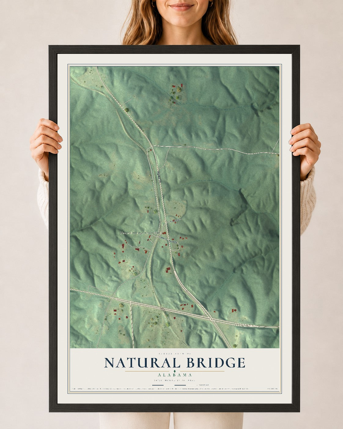 Map of Natural Bridge, Alabama, 24 x 36 inch print in a black wood frame