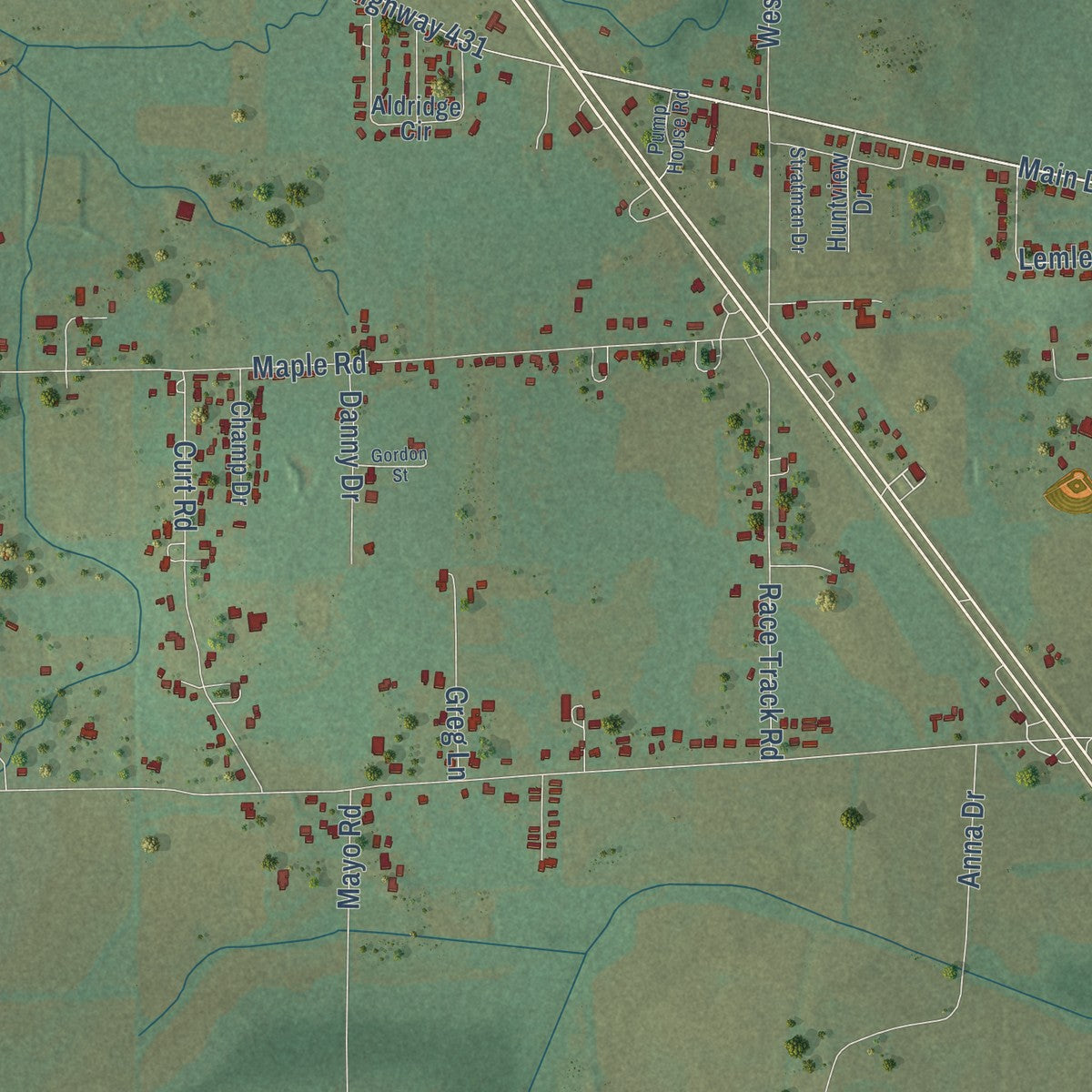 Second close-up of the map of New Hope, Alabama print showing more streets and buildings