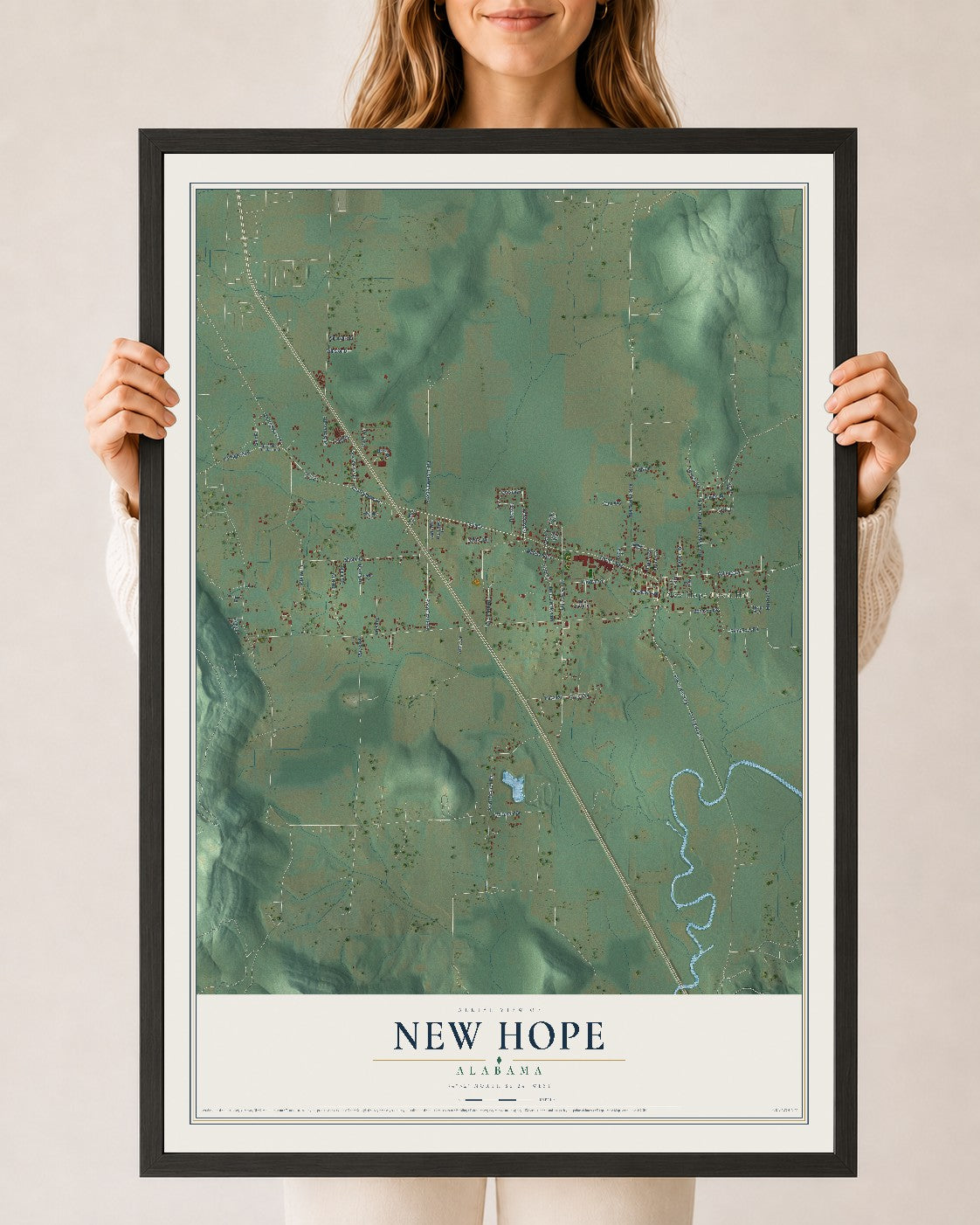 Map of New Hope, Alabama, 24 x 36 inch print in a black wood frame