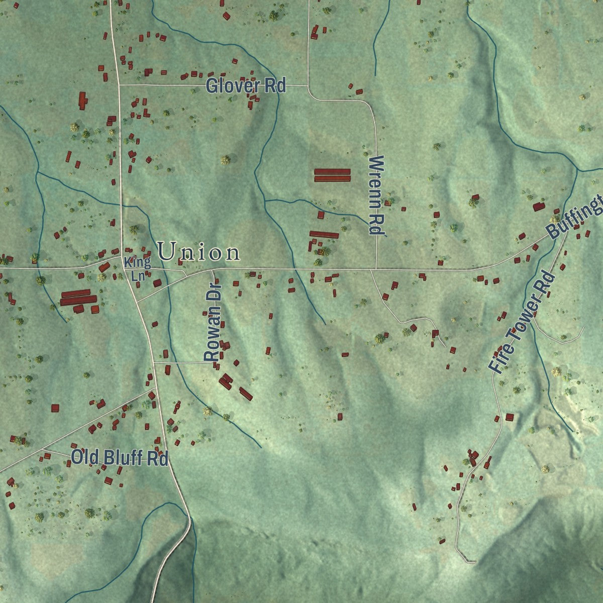Close-up of the map of New Union, Alabama print showing street and building detail