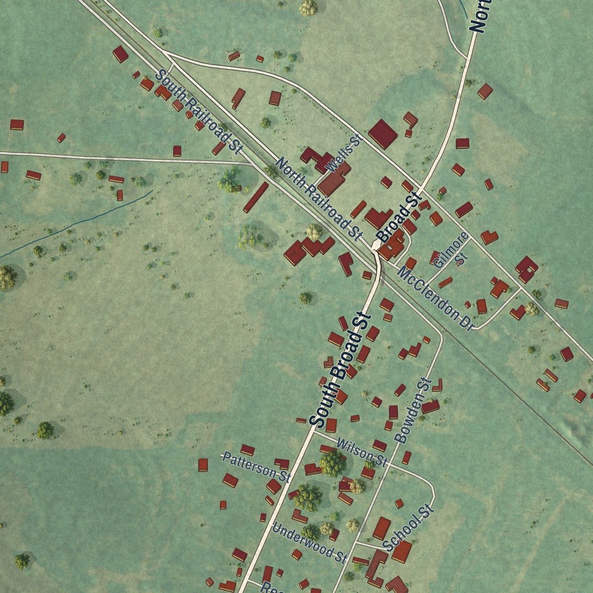 Close-up of the map of Newville, Alabama print showing street and building detail