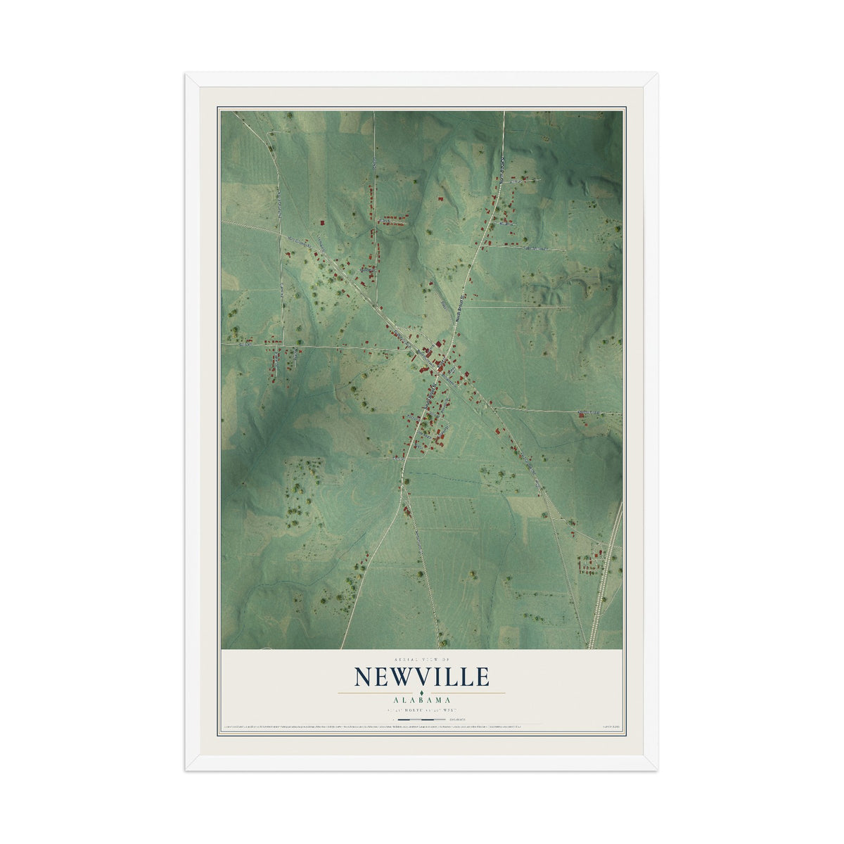 Map of Newville, Alabama, 12 x 18 inch print in a white wood frame